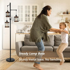 Airposta Dimmable Floor Lamps for Living Room, 3-Light Industrial Floor Lamp with Wood & Metal Cage