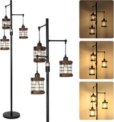 Airposta Dimmable Floor Lamps for Living Room, 3-Light Industrial Floor Lamp with Wood & Metal Cage