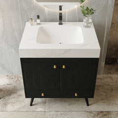 Contemporary Free-standing Bathroom Vanity with Faux Marble Top & Ceramic Sink, 30" Double Door Storage Cabinet, Waterproof Engineered Wood