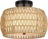 Boho Light Fixtures Ceiling Mount, Rattan Semi Flush Mount Ceiling Light, Farmhouse Light Fixtures with Fabric Shades, Kitchen Close to Ceiling Light Fixtures for Living Room Bedroom Hallway