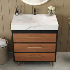 Modern Free-Standing Bathroom Vanity with Ceramic Vessel Sink & Durable Sintered Stone Top
