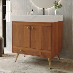 Mid-Century Free-standing Bathroom Vanity with Faux Marble Top & Ceramic Sink, 30" Double Door Storage Cabinet, Waterproof Engineered Wood, Gold Legs
