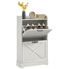 HOMCOM Slim Shoe Cabinet for Entryway, Farmhouse Hidden Shoe Storage Cabinet with 2 Flip Drawers and Adjustable Shelves for 8 Pairs of Shoes, Distressed White