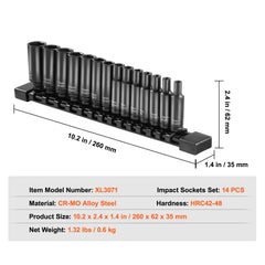 Impact Sockets Set 14pcs 6-Point 1/4" Drive Bit Ratchet Tool Kit Case