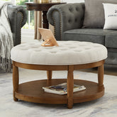 Large Round Upholstered Tufted Linen Ottoman Coffee Table, Large Footrest Ottoman with Wood Shelf Storage- Ivory
