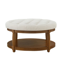 Large Round Upholstered Tufted Linen Ottoman Coffee Table, Large Footrest Ottoman with Wood Shelf Storage- Ivory