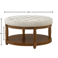 Large Round Upholstered Tufted Linen Ottoman Coffee Table, Large Footrest Ottoman with Wood Shelf Storage- Ivory
