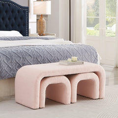 Set of 3 U-Shaped Modern Bench Teddy Ottoman Bench for Entryway, Bedroom End of Bed, Set of 3 Small Sofa Footrest Extra Seating for Living Room, 44+18 Inch Bench Bench & Ottoman-Pink