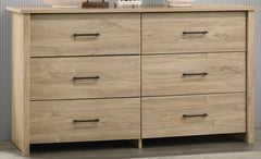 Seraphiel 57"W Light Oak Finish 6-Drawer Dresser with Black Handles