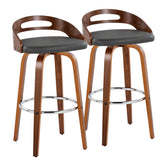 Cassis 30" Mid-Century Modern Fixed-Height Barstool with Swivel in Walnut Wood and Grey Faux Leather with Round Chrome Metal Footrest by LumiSource - Set of 2