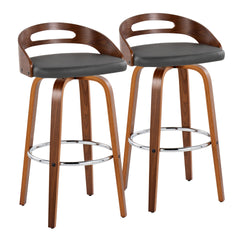 Cassis 30" Mid-Century Modern Fixed-Height Barstool with Swivel in Walnut Wood and Grey Faux Leather with Round Chrome Metal Footrest by LumiSource - Set of 2