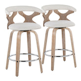 Gardenia 26" Contemporary Fixed-Height Counter Stool with Swivel in White Washed Wood and Cream Fabric with Round Chrome Metal Footrest by LumiSource - Set of 2