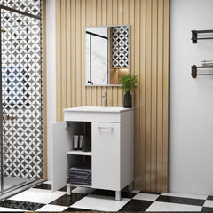 24-Inch Floor-Mounted Bathroom Vanity with Sink and Mirror Combo,Double Doors With Soft Close Hinges,Bathroom Cabinet With Adjust Shelf,Metal Handle ,Ceramic Basin,Adjustable Silver Feet,Glossy White