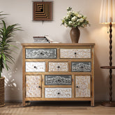 Vintage Wooden Accent Chest with 7 Drawers & 2 Cabinets, Rustic Multicolor Carved Storage Dresser for Living Room, Bedroom, Entryway, Farmhouse Style Decor (39.37" L x 13.78" W x 36.22" H)