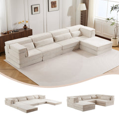 Compression Mahjong Sofa,Convertible Floor Sofa Bed,DIY Boneless Modular Sectional Sofa,No Assembly Required,Circle fleece fabric,Oversized 4 Seater with 1 Ottoman,White