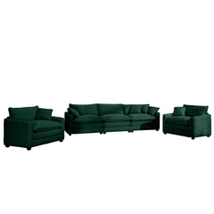 Luxurious and Sophisticated Sofa Set with Soft Cushions and Pillows, Home for Living Rooms and Clubs as well as Home Theaters, Consisting of Two Single Sofas and a 3-Seater Sofas in Green Corduroy Fab