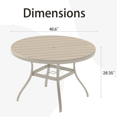 VRSHWO"Outdoor Round Patio Dining Table for 4-6, All Weather Metal Dining Table with Umbrella Hole for Deck Lawn Garden Backyard, Sandstone Color