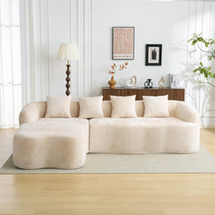 Full Compression L-Shape Sectional Sofa with Curved Chaise, Beige Modular Chenille Couch, High-Density for Apartment Living Room
