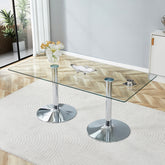 A glass tabletop with 71*35.4 inches and a modern minimalist circular dining table with electroplated silver metal legs. Suitable for restaurants, living rooms.