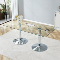 A glass tabletop with 71*35.4 inches and a modern minimalist circular dining table with electroplated silver metal legs. Suitable for restaurants, living rooms.