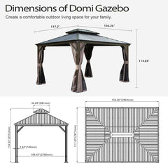 10x13FT Outdoor Gazebo, Hardtop Gazebo with Galvanized Steel Double Roof, Metal Gazebos with Drainage System Patio Pergola for Patio Deck Backyard,Curtain and Netting,Brown