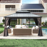 10x13FT Outdoor Gazebo, Hardtop Gazebo with Galvanized Steel Double Roof, Metal Gazebos with Drainage System Patio Pergola for Patio Deck Backyard,Curtain and Netting,Brown
