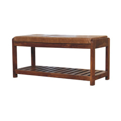 Solid Wood Small Buffalo Slatted Bench, Leather Upholstered, Open Storage, Tan and Brown