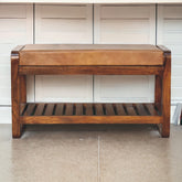 Solid Wood Small Buffalo Slatted Bench, Leather Upholstered, Open Storage, Tan and Brown
