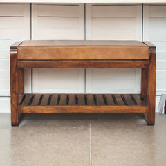Solid Wood Small Buffalo Slatted Bench, Leather Upholstered, Open Storage, Tan and Brown