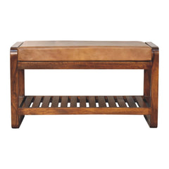 Solid Wood Small Buffalo Slatted Bench, Leather Upholstered, Open Storage, Tan and Brown