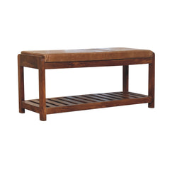 Solid Wood Small Buffalo Slatted Bench, Leather Upholstered, Open Storage, Tan and Brown