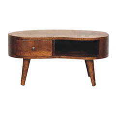Solid Wood Mini Chestnut Wave Coffee Table, 1-Drawer, 1 Open-Shelf, Nordic Legs, Dark Brown