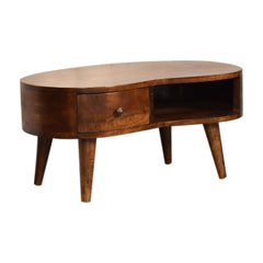 Solid Wood Mini Chestnut Wave Coffee Table, 1-Drawer, 1 Open-Shelf, Nordic Legs, Dark Brown