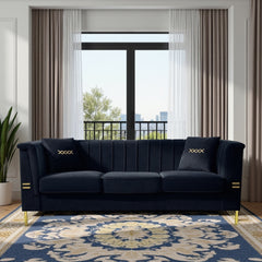 FX-P82-BK2 (SOFA WITH 2PILLOW) 82.67" Modern Velvet 3-Seater Sofa|Vertical Channel Tufted Backrest|Gold Metal Legs|Chesterfield Style|Black Couch for Living Room with 2 Pillows