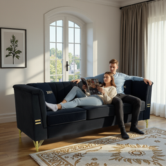 FX-P82-BK2 (SOFA WITH 2PILLOW) 82.67" Modern Velvet 3-Seater Sofa|Vertical Channel Tufted Backrest|Gold Metal Legs|Chesterfield Style|Black Couch for Living Room with 2 Pillows