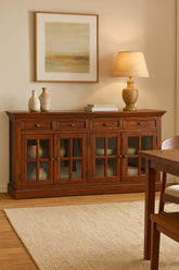 Solid Wood Large Cherry Glazed Sideboard, 4-Drawers, 4 Shelves with 2 Doors, Chestnut Finish, Brown