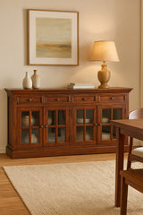 Solid Wood Large Cherry Glazed Sideboard, 4-Drawers, 4 Shelves with 2 Doors, Chestnut Finish, Brown