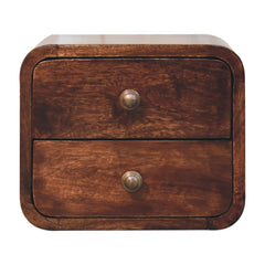 Solid Wood Mini Curved California Walnut Wall-Mounted Bedside, 2-Drawers, Brown