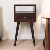 Solid Wood Mini California Walnut Nightstand, 1-Drawer, 1 Open-Slot, Nordic Legs, Dark Brown