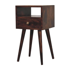 Solid Wood Mini California Walnut Nightstand, 1-Drawer, 1 Open-Slot, Nordic Legs, Dark Brown