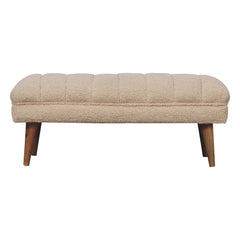 Solid Wood Boucle Puffer Bench, Nordic Legs, Beige and Light Brown
