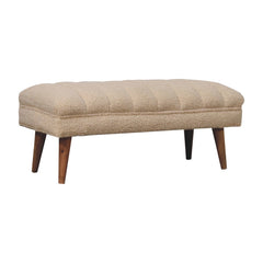 Solid Wood Boucle Puffer Bench, Nordic Legs, Beige and Light Brown