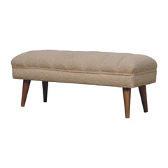 Solid Wood Boucle Puffer Bench, Nordic Legs, Beige and Light Brown