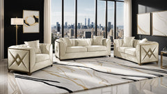 Velencia upholstery, bold gold "X" inlay accents, and elegant tufting 3Pc Modern Living Room Set in Cream (CA INVENTORY)