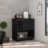 Lotus Bar Cart, Six Bottle Cubbies, One Cabinet, Four Casters, Black