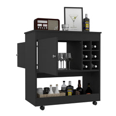 Lotus Bar Cart, Six Bottle Cubbies, One Cabinet, Four Casters, Black