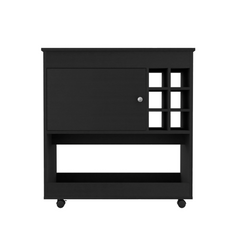 Lotus Bar Cart, Six Bottle Cubbies, One Cabinet, Four Casters, Black