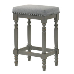 Set of 2 Rustic Wooden Counter Stools, 26-Inch Farmhouse Barstools with Padded Velvet Seat, Nailhead Trim, Distressed Cool Gray Finish & Turned Legs – Counter-Height Kitchen Seating