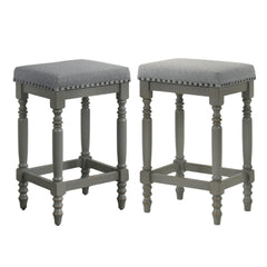 Set of 2 Rustic Wooden Counter Stools, 26-Inch Farmhouse Barstools with Padded Velvet Seat, Nailhead Trim, Distressed Cool Gray Finish & Turned Legs – Counter-Height Kitchen Seating