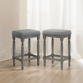 Set of 2 Rustic Wooden Counter Stools, 26-Inch Farmhouse Barstools with Padded Velvet Seat, Nailhead Trim, Distressed Cool Gray Finish & Turned Legs – Counter-Height Kitchen Seating
